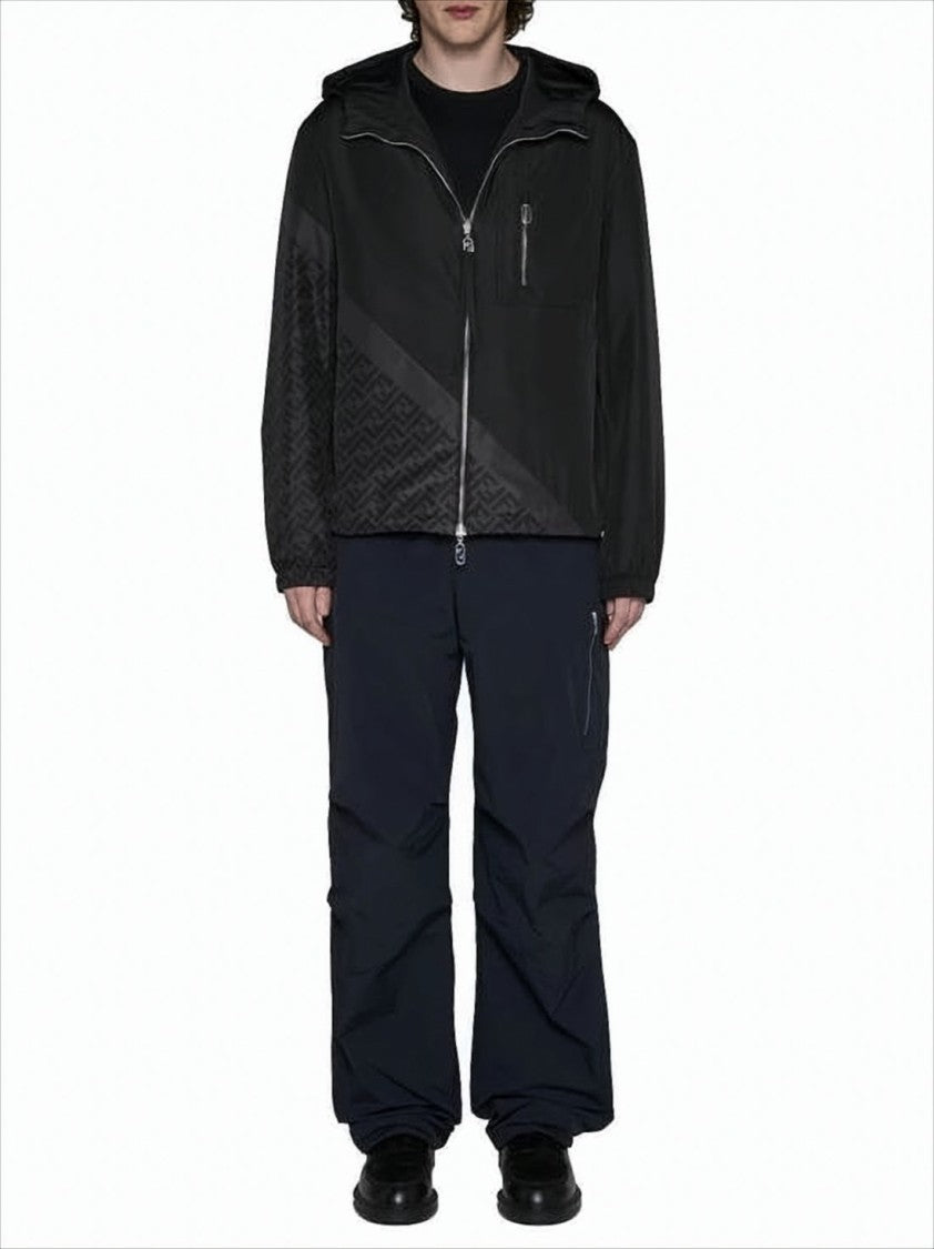 Fendi Hooded Black Jacket With Tonal Pattern