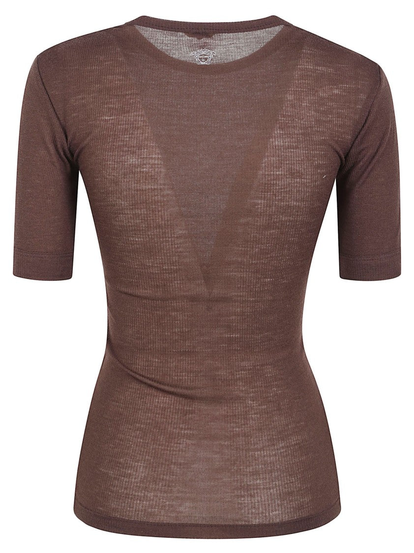 Versace Fitted Semi-Sheer Brown Short-Sleeve Top With Ribbed Texture