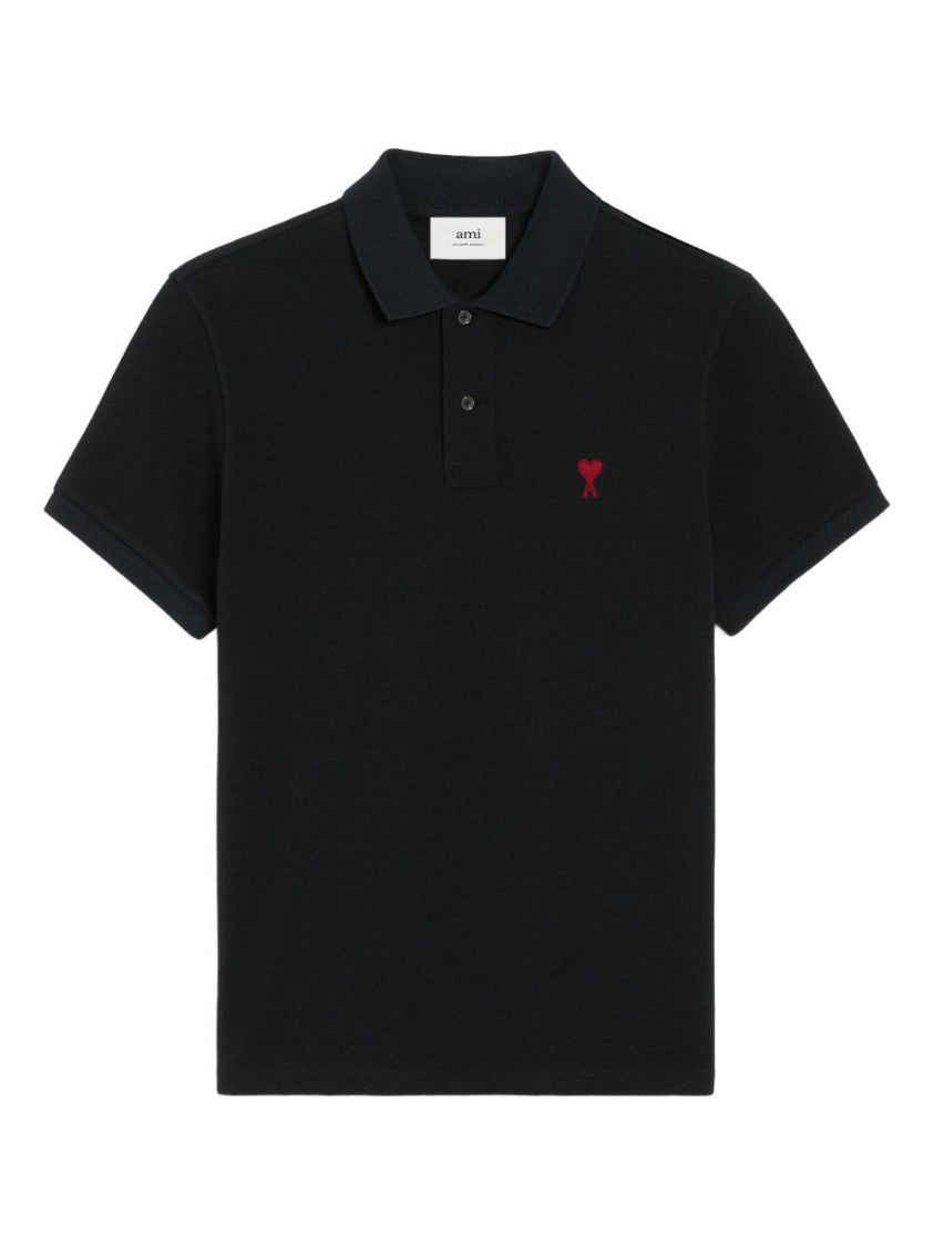 Ami Paris Black Organic Cotton Piqué Logo Polo