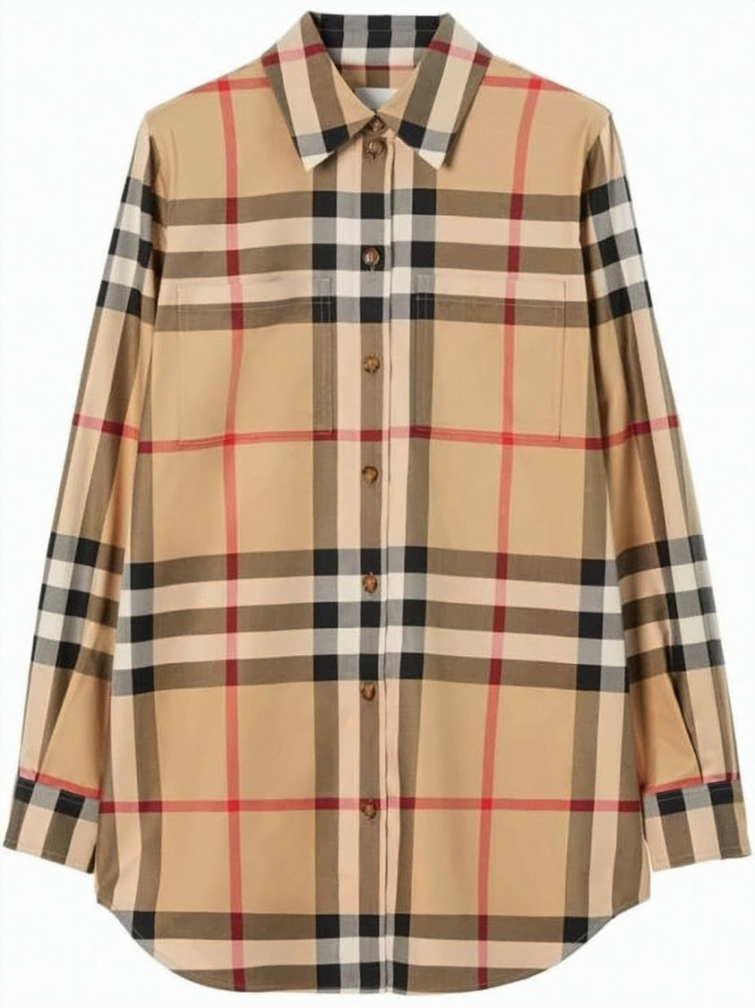 Burberry Beige Check Pattern Button-Up Shirt With Pointed Collar