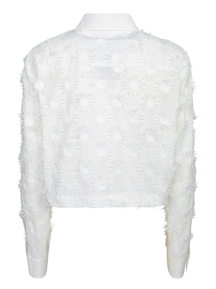 Msgm Cropped White Shirt With Floral Embroidery