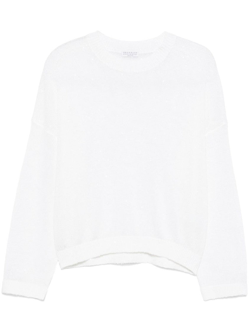 Brunello Cucinelli White Linen-Silk All-Over Sequins Sweater