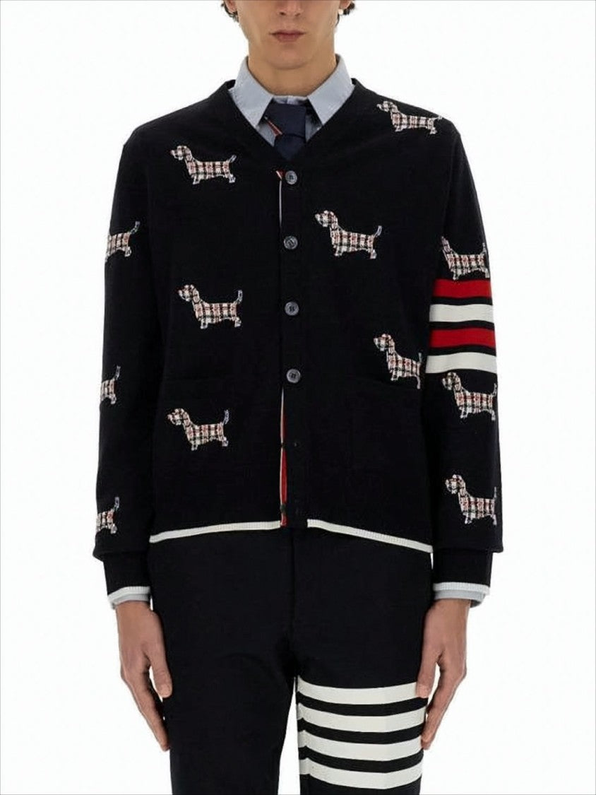 Thom Browne Black Wool Blend Cardigan With Playful Dog Motif