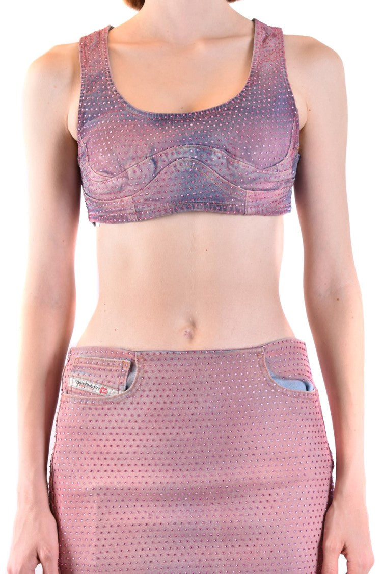 Diesel Embellished Denim Crop Top With Cut And Fit