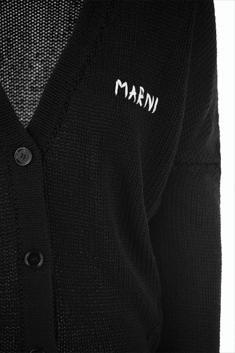 Marni Textured Black Knitted Cardigan With V-Neckline And Embroidered Logo