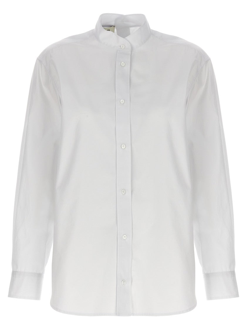 Fendi Mandarin Collar Cotton Poplin Shirt With Tailored Embroidery