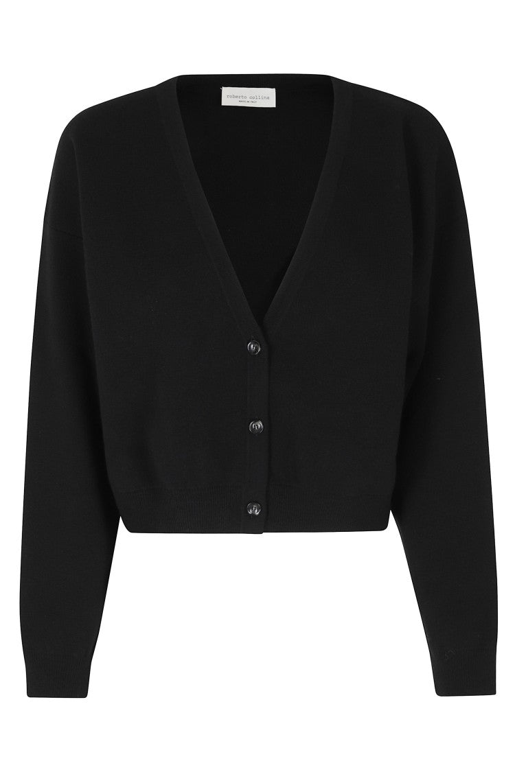 Roberto Collina Black Boxy Cropped Merino Wool Cardigan