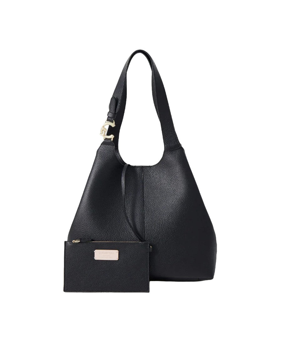 Coccinelle Curved Silhouette Black Leather Handbag With Metallic Logo
