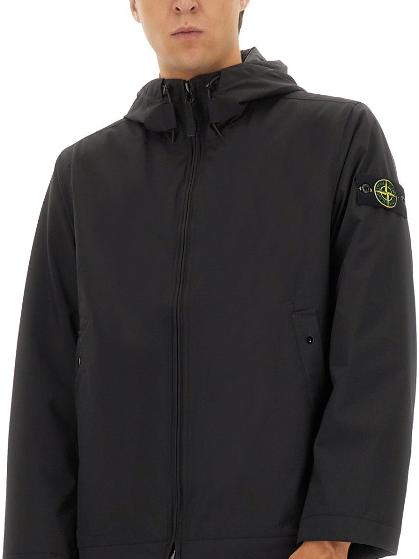 Stone Island Black Hooded Jacket With Zipper Closure