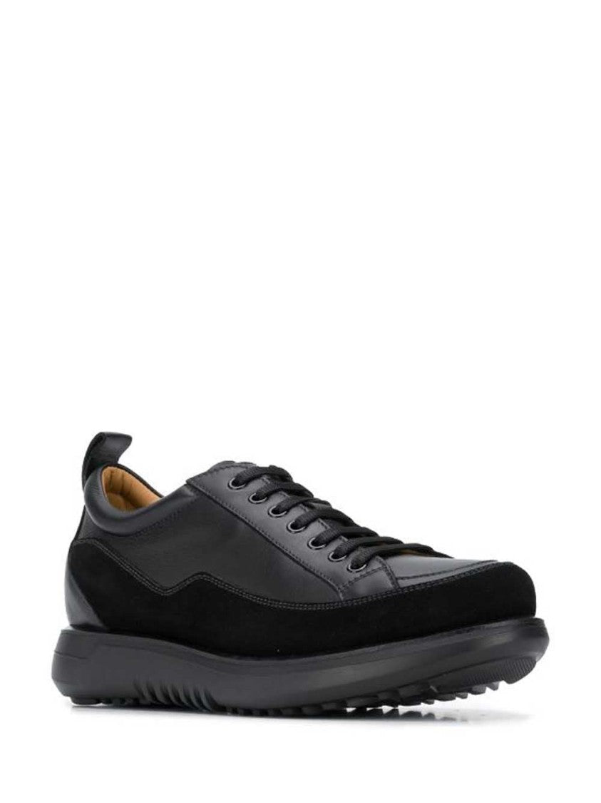 Giorgio Armani Monochromatic Black Leather Trainers With Suede Accents