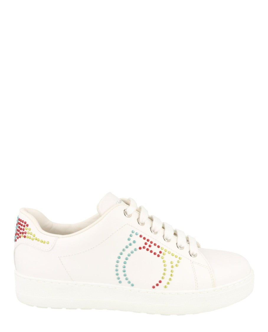 Ferragamo Leather Sneakers With Almond Toe And Studded Design