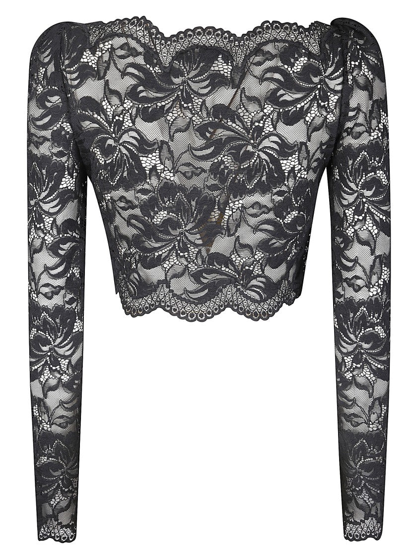 Paco Rabanne Fitted Cropped Lace Top With Long Sleeves