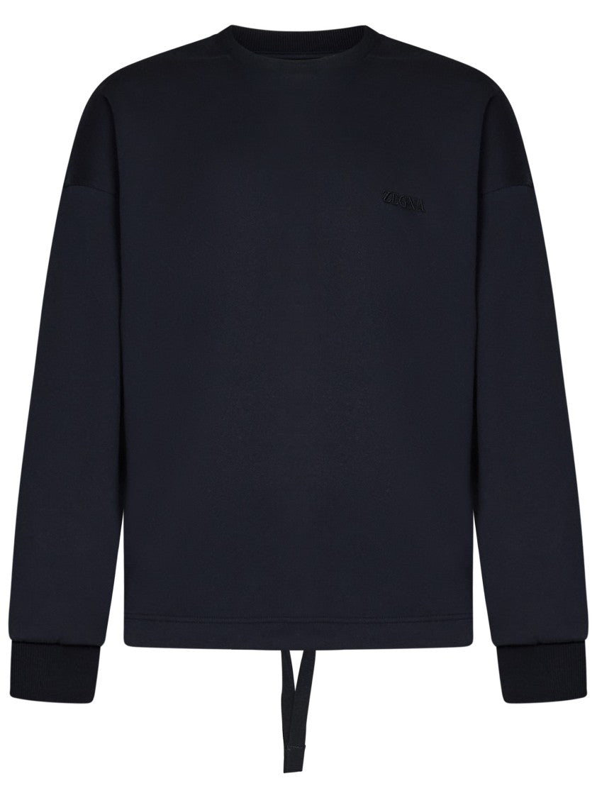 Zegna Midnight Blue Sweatshirt With Drawstring Hem And Embroidered Logo