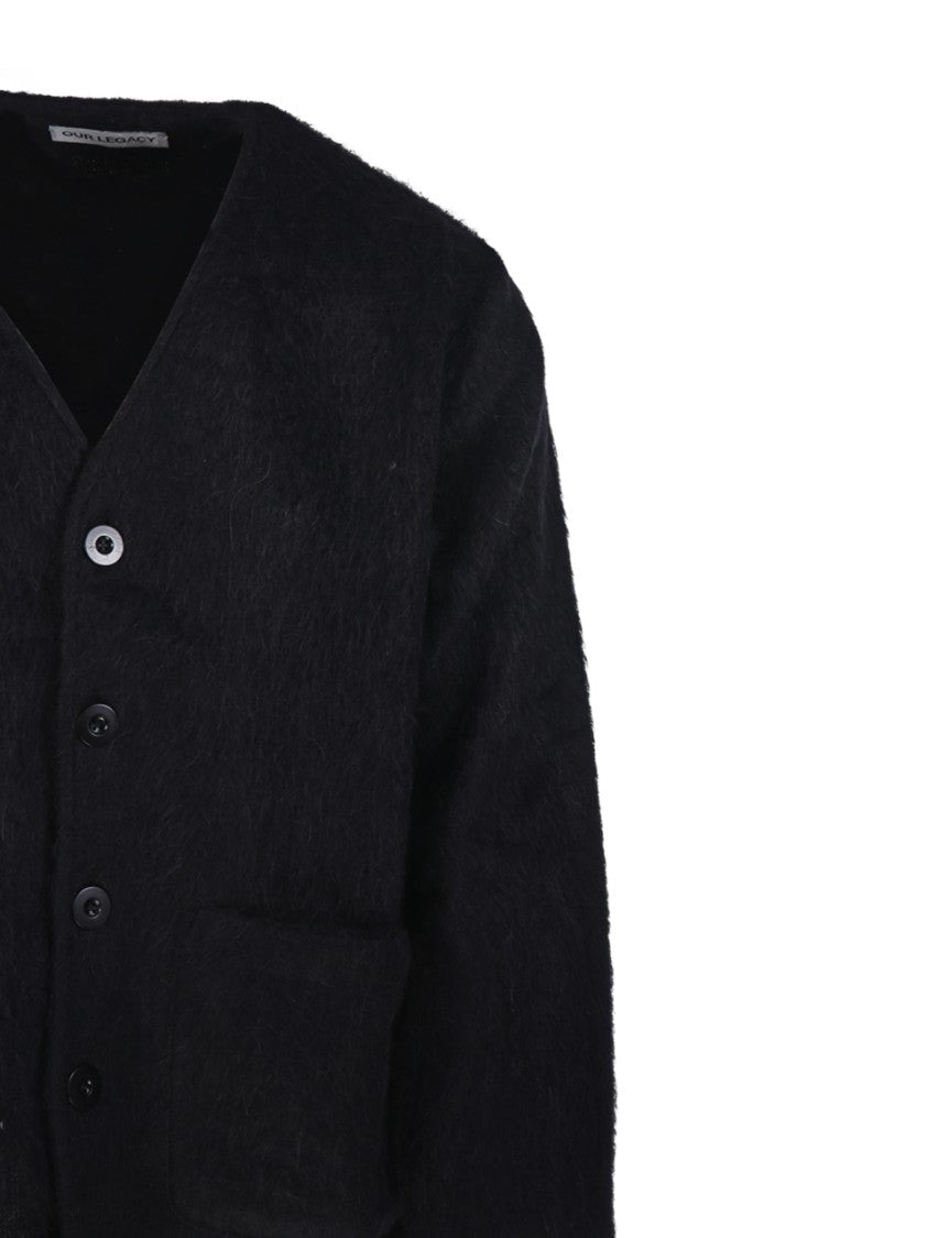 Our Legacy Textured Black Cardigan With Deep V-Neck And Cozy Fit