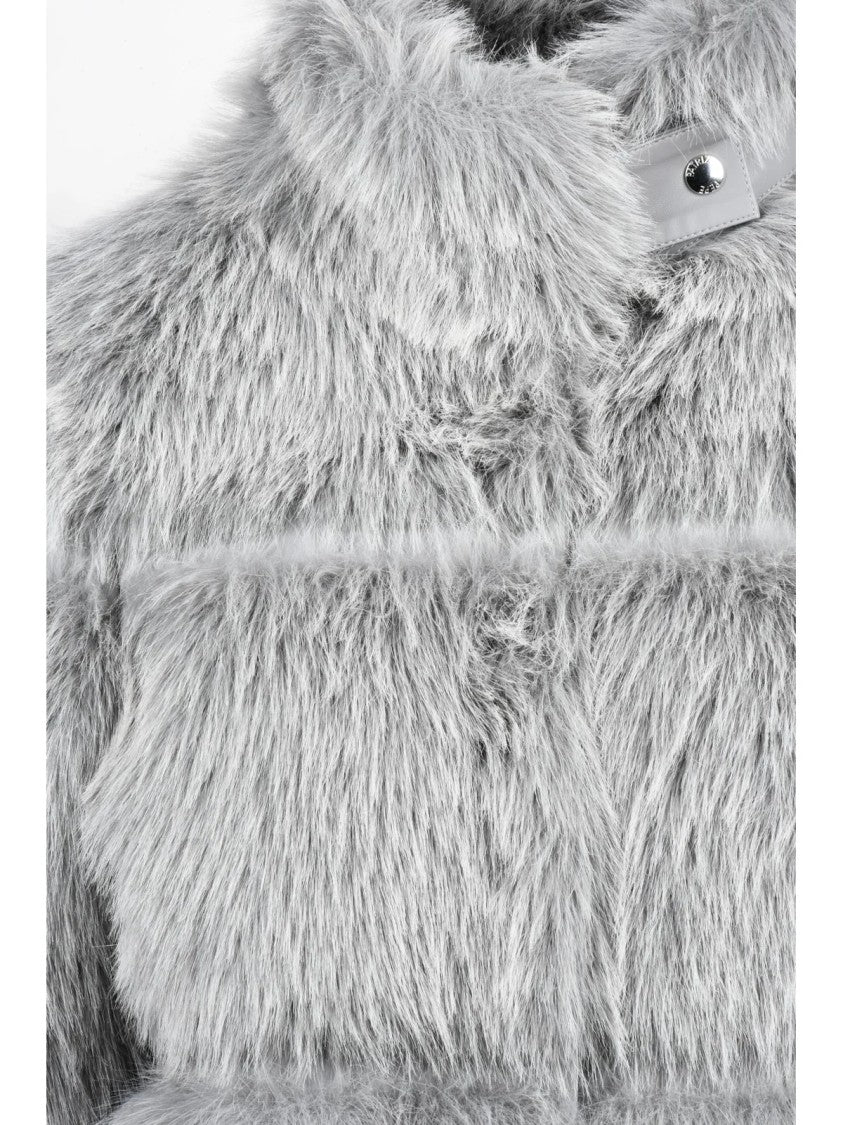 Patrizia Pepe Light Grey Polyester Snap Cropped Faux Fur Jacket