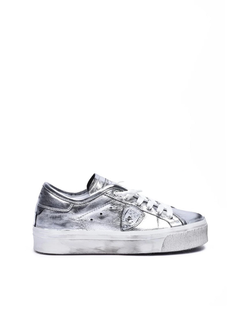 Philippe Model Shiny Metallic Silver Low-Top Sneakers