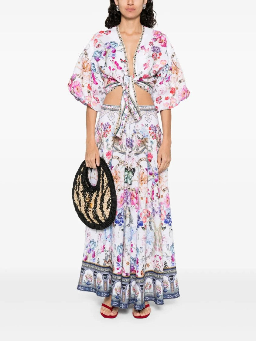 Camilla White V-Neck Crop Top With Knot Detailing And Wide Sleeves