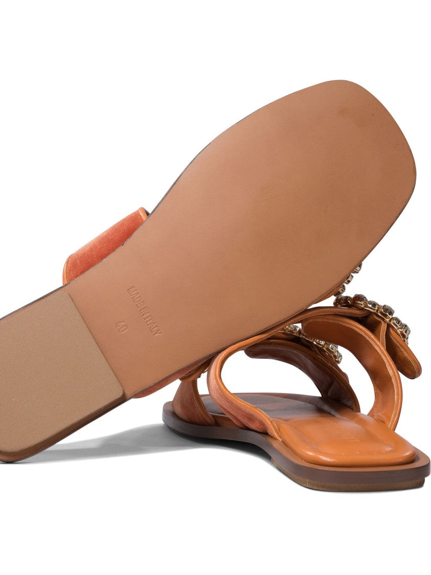 Amato Daniele Orange Velvet Loafers With Dual Strap And Embellishments