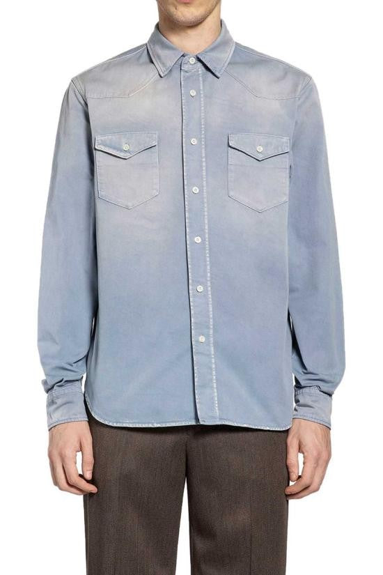 Prada Long-Sleeve Shirt In Faded Blue Fabric With Dual Chest Pockets