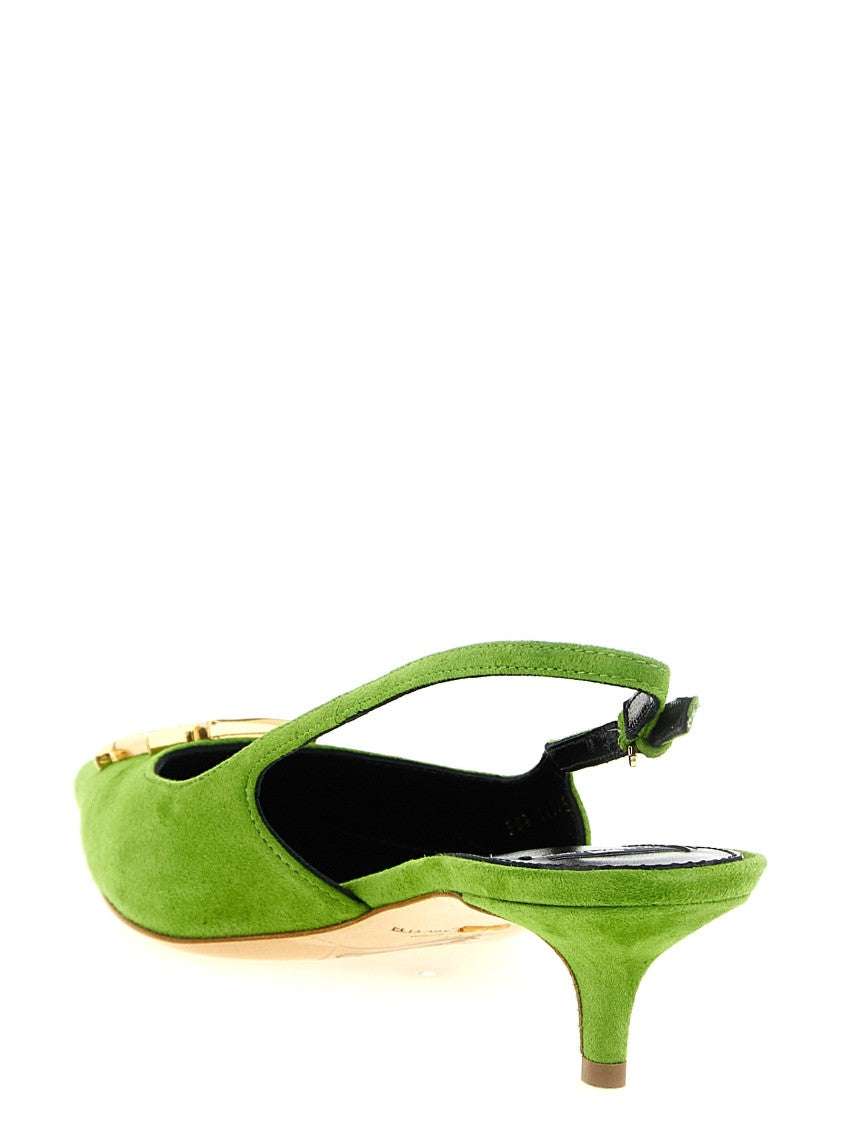 Elisabetta Franchi Pointed Toe Suede Slingbacks With Front Metal Logo