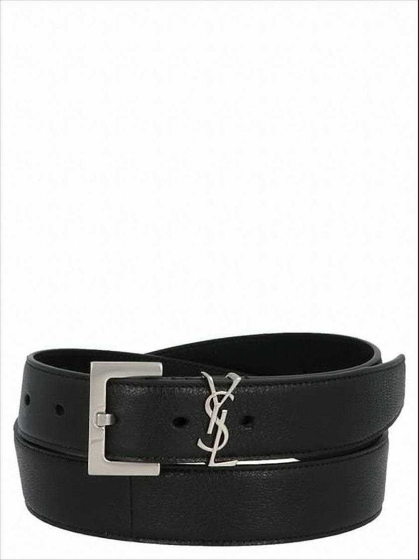 Saint Laurent Black Leather Belt With Rectangular Silver Buckle