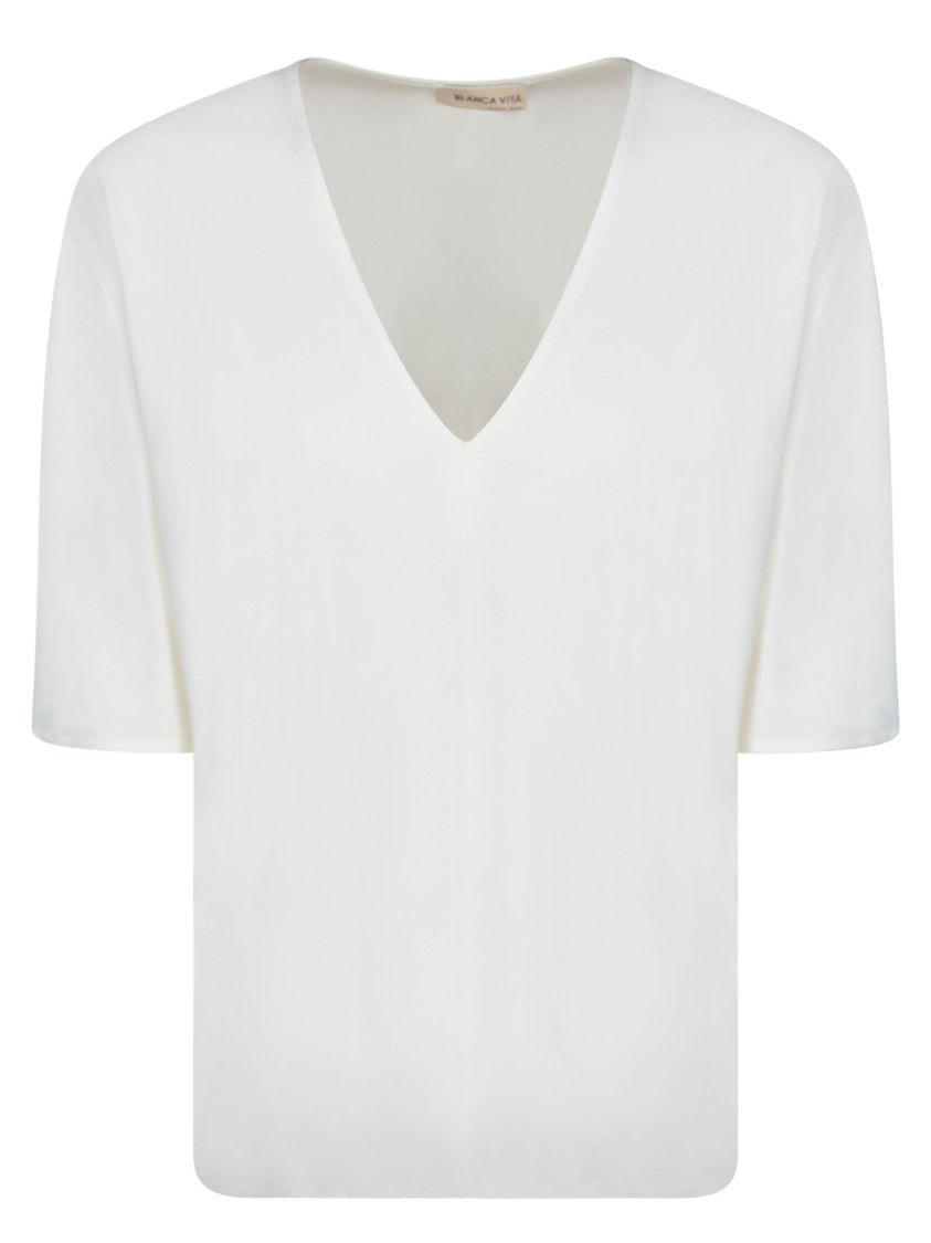 Blanca Vita White Jersey Blouse With Deep V-Neck