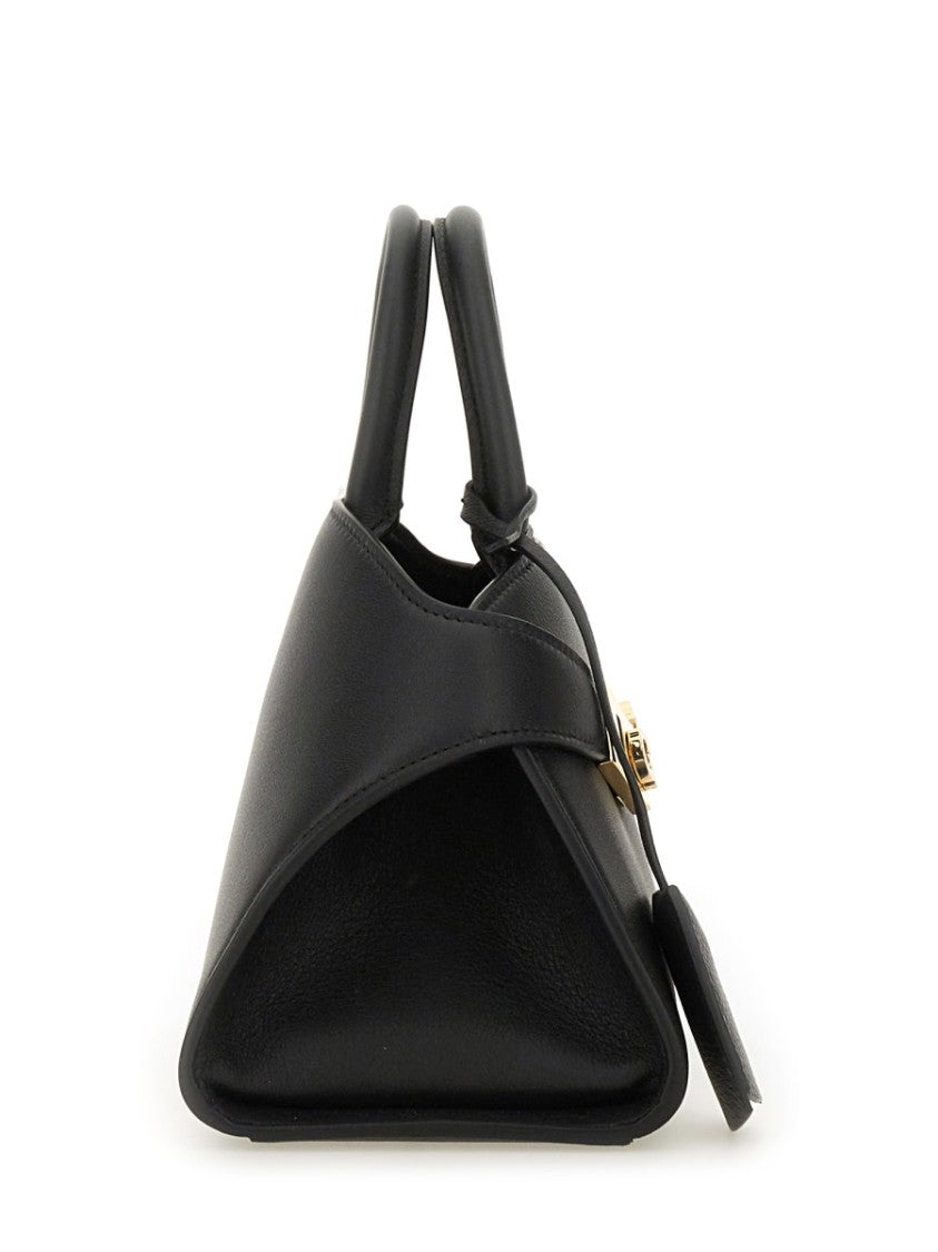 Ferragamo Curved Black Calf Leather Mini Handbag With Gold Accents