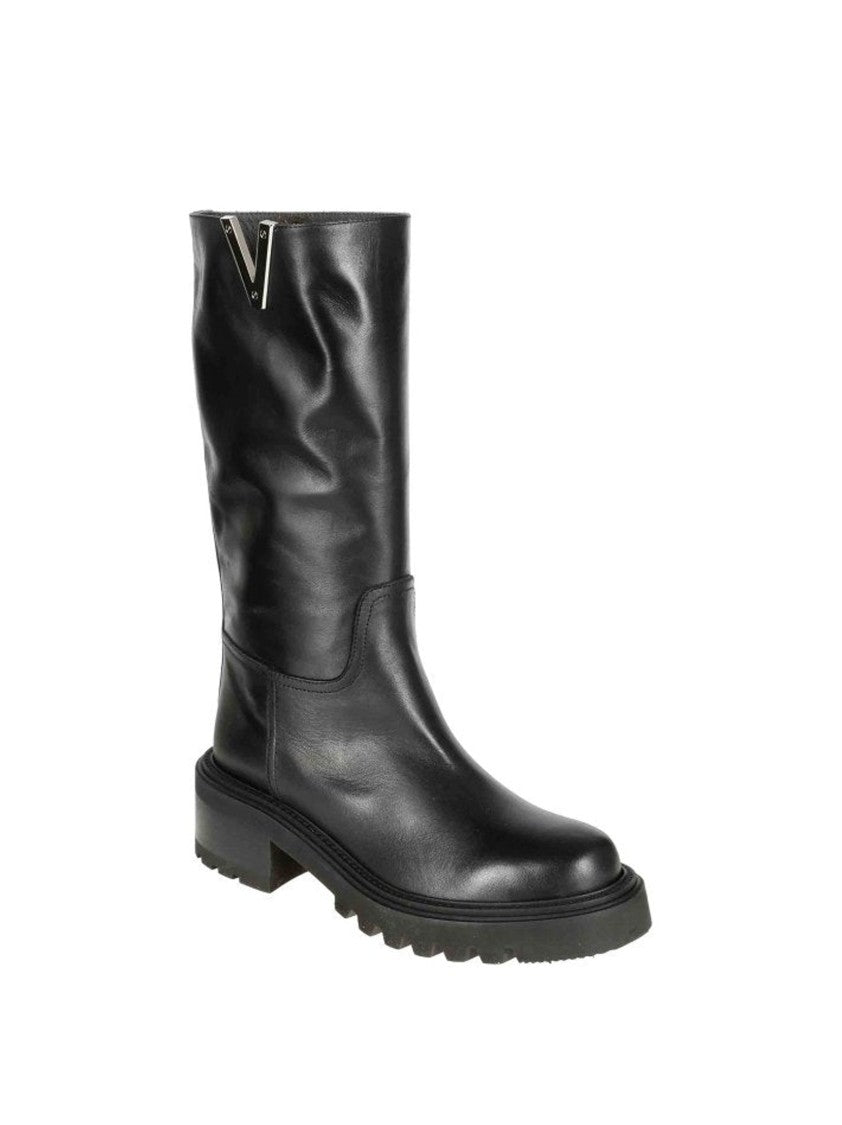 Via Roma 15 Sleek Mid-Calf Boots With Silver Logo Detailing