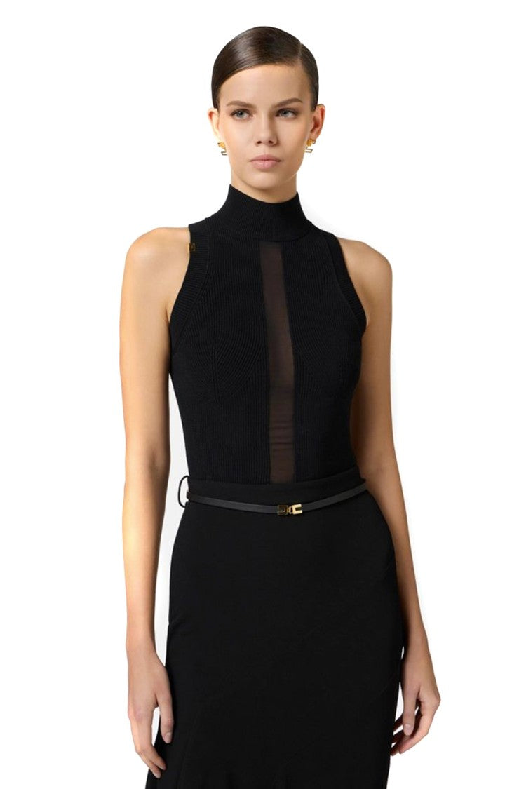 Elisabetta Franchi High Neck Black Ribbed Top