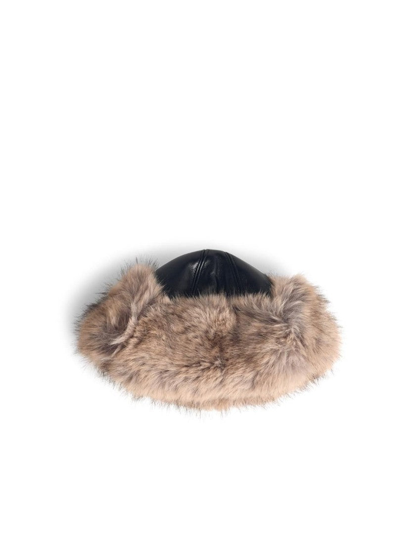 Stand Studio Plush Black Hat With Beige Faux Fur Trim