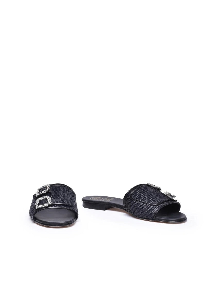 Edhen Black Raffia Leather Women's Sandals