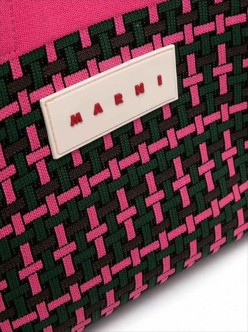 Marni Woven Rectangular Tote Bag With Pink Handles And Detachable Strap