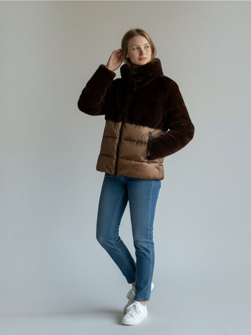 Blauer Boxy Cropped Plush Faux Fur Quilted Jacket