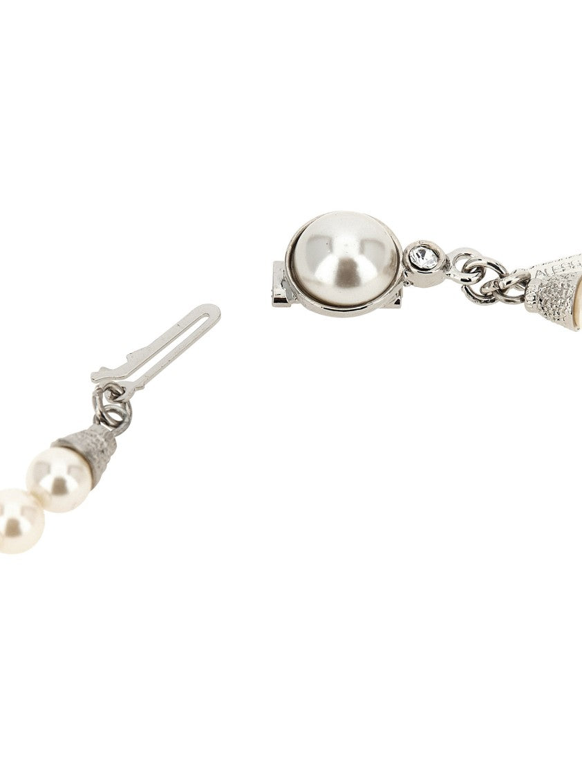 Alessandra Rich Delicate Pearl Necklace With Crystal-Embellished Silver Rings