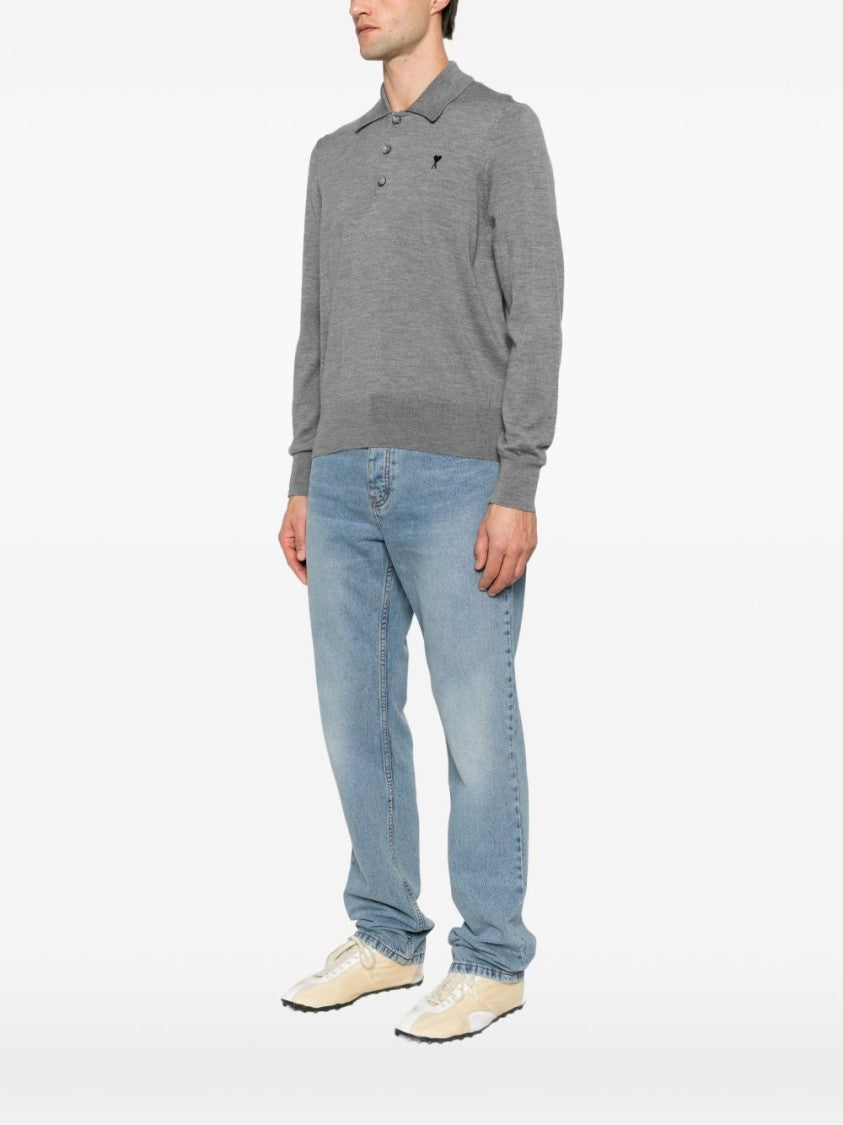 Ami Paris Medium Grey Long-Sleeve Polo Shirt With Classic Collar