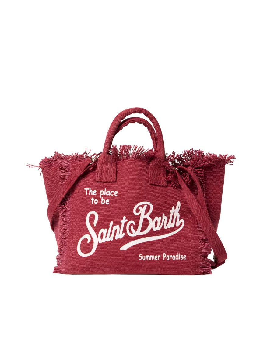 Mc2 Saint Barth Bordeaux Canvas Tote Bag With Fringed Edges And Logo
