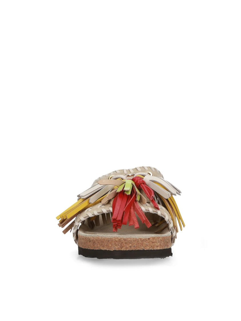 Elena Iachi Beige Suede Slipper With Multicolor Tassels