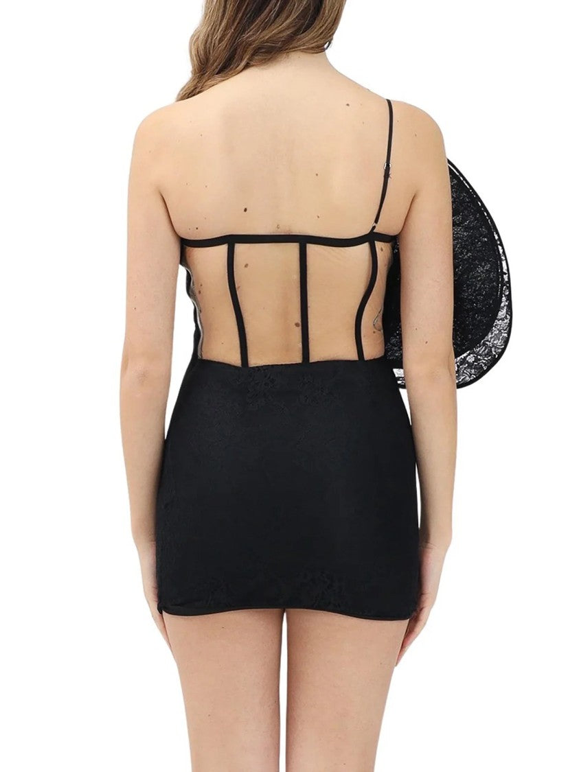 Simona Corsellini Black Polyamide One-Shoulder Lace Mini Dress