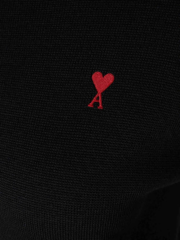Ami Paris Fitted Black Turtleneck Sweater With Embroidered Heart Detail