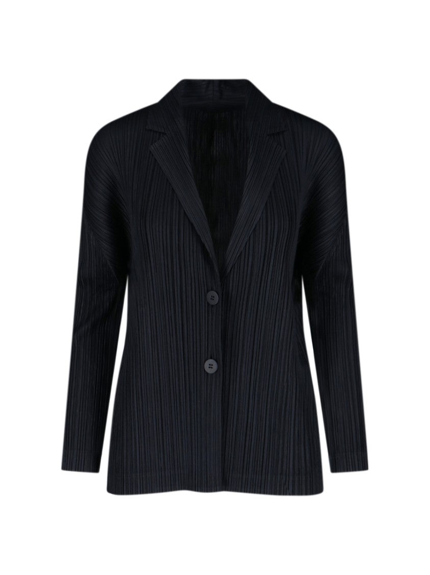 Pleats Please Minimalist Black Jacket With Tailored Fit And Clean Lines