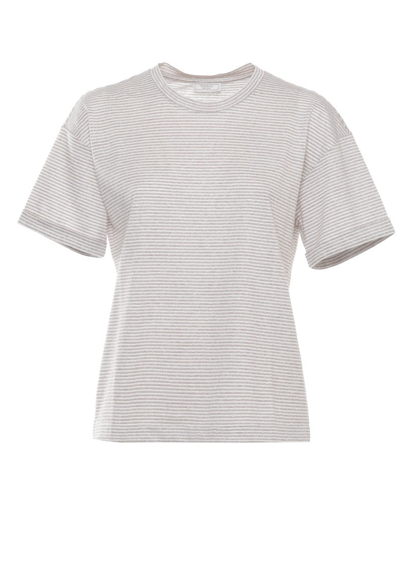Peserico Beige Lurex Striped Cotton-Linen T-Shirt
