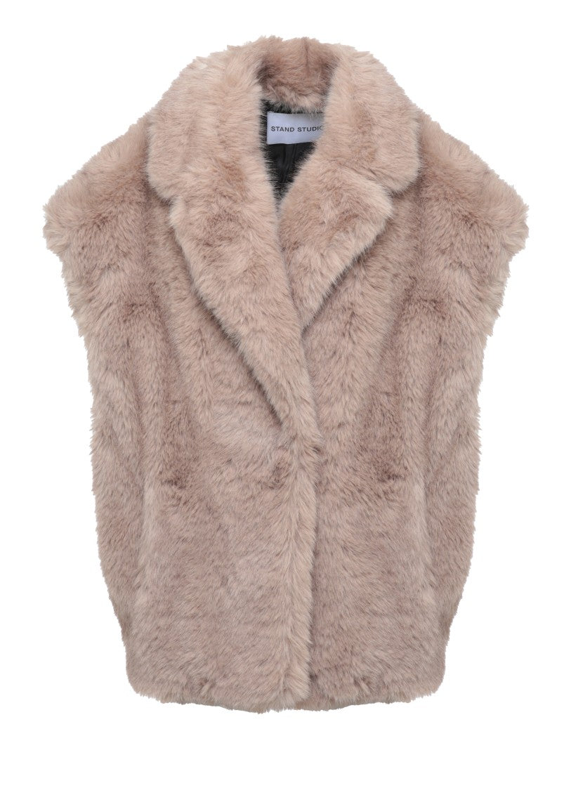 Stand Studio Plush Faux Fur Sleeveless Jacket With Classic Lapel
