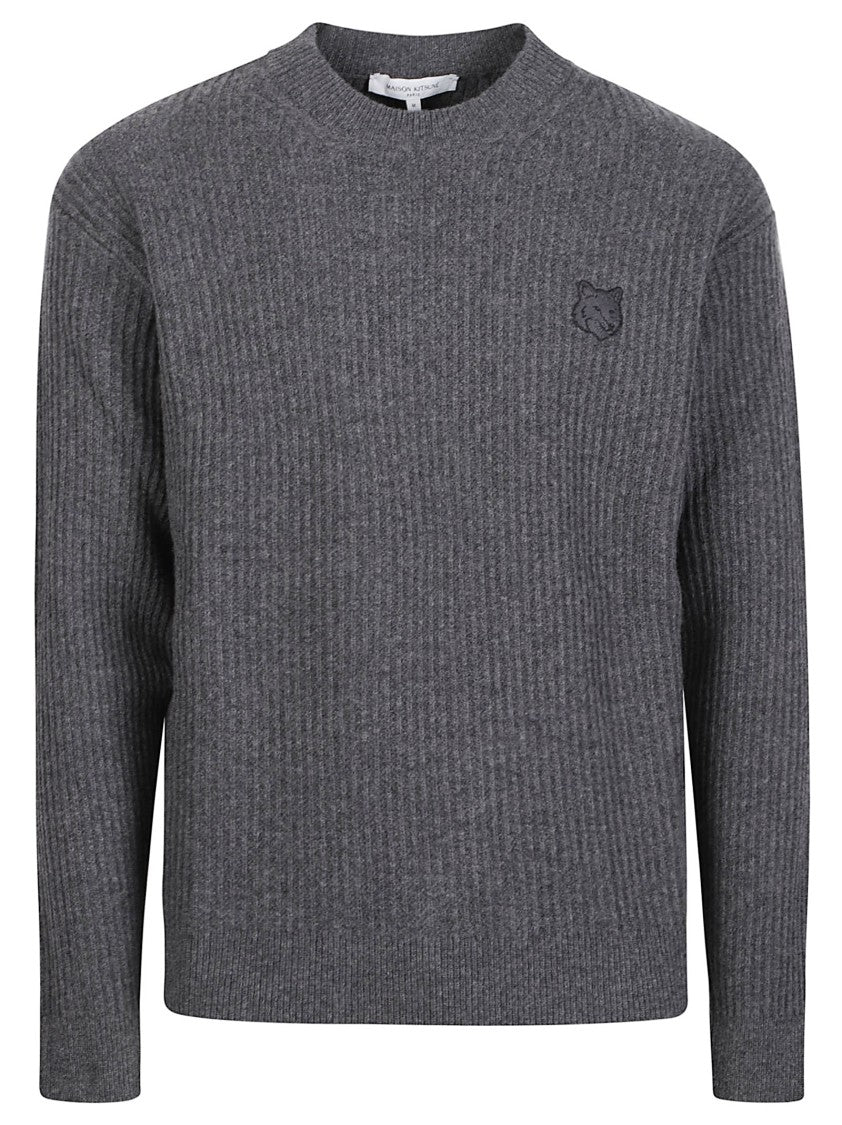 Maison Kitsuné Fox Head Ribbed Knit Embroidered Wool Sweater