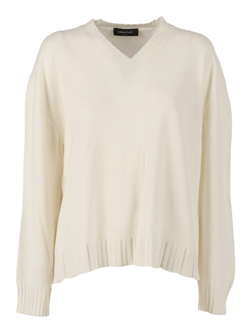 Fabiana Filippi Platinum V-Neck Sweater With Ribbed Detailing