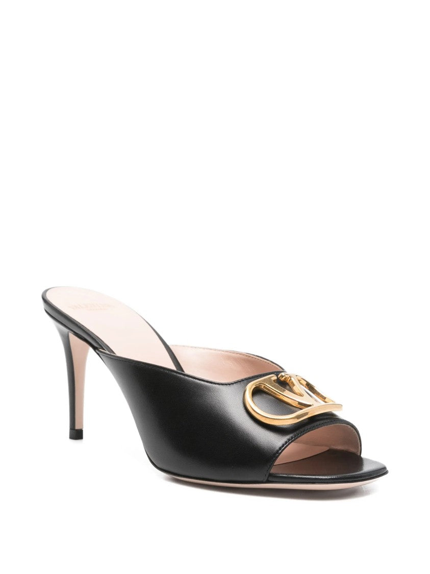 Valentino Black Slide Gold-Tone Logo Emblem Sandals
