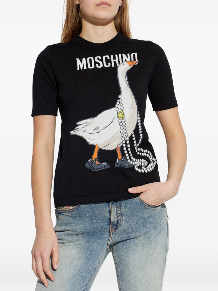 Moschino Black Goose Print Ribbed Knit Top