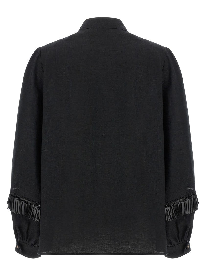Kiton Fringed Linen Shirt With Mandarin Collar And Puff Sleeves
