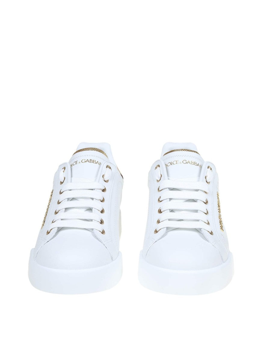 Dolce & Gabbana Portofino Sneakers In White Leather With Logo Pearl
