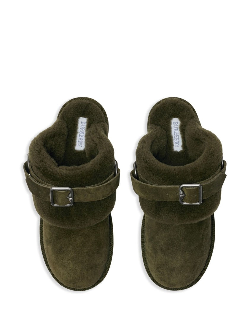 Burberry Chubby Suede Shearling Buckle Mules