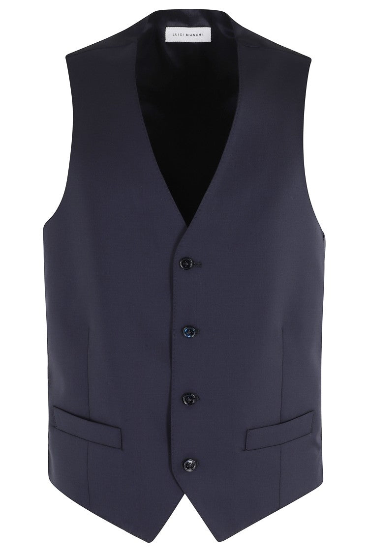 Luigi Bianchi Blue Ceremonial Darts Welt Pockets Wool-Blend Vest